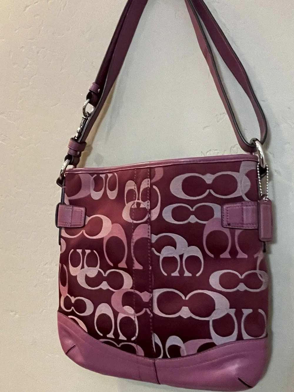 Berry pink mauve Signature-Print Crossbody Shoulder Bag sateen leather silver
